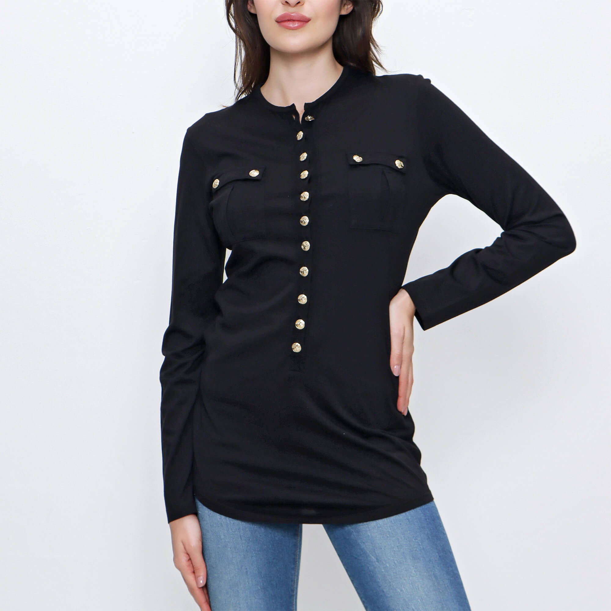 Balmain - Black Cotton Gold Button Long Sleeve T shirt 